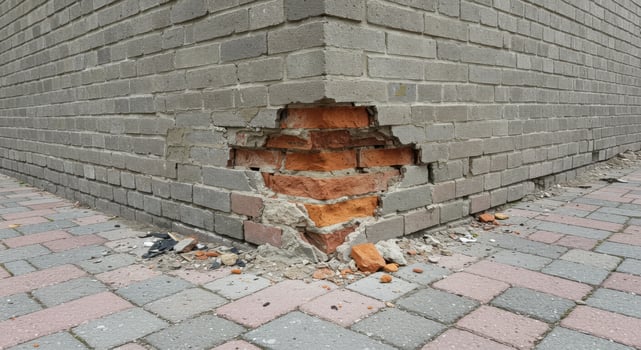 A brick wall is broken in half and a brick is sticking out photo