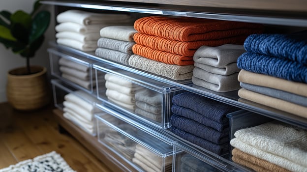 Soft and vibrant towels are arranged on shelves in a stylish home, creating a welcoming atmosphere. photo