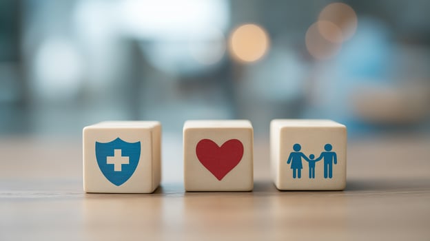 Wooden cubes representing family health protection insurance photo