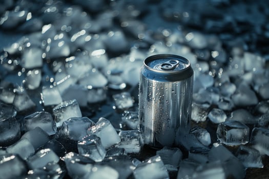 A metal can with water drops stands among many ice cubes on a dark surface. photo