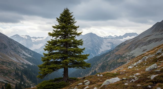 Single Pine Tree on Mountain Ridge Dramatic Landscape photo