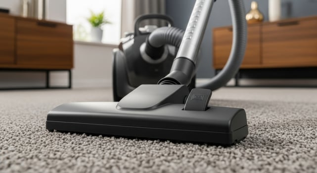 Close Up of Vacuum Cleaner Head on Grey Carpet in a Modern Home Interior photo