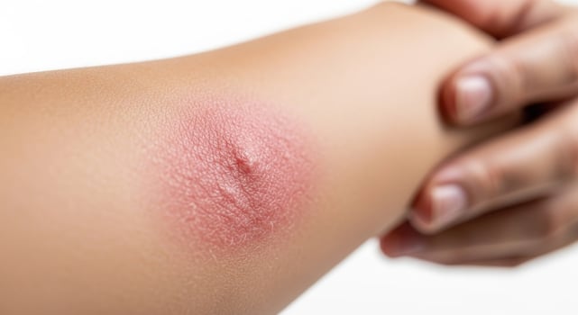 Close up of a red inflamed skin irritation on a human arm, possibly an allergic reaction photo
