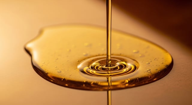 Golden liquid pouring and pooling on a reflective surface with rich texture and ripples photo