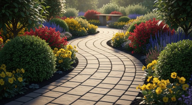 Winding stone path through a vibrant garden with colorful flowers and lush green bushes photo