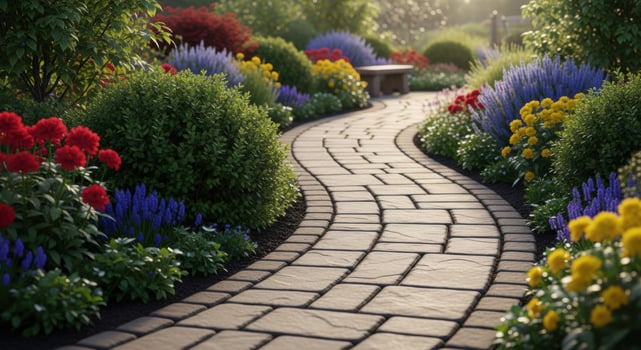 Winding Stone Path Through a Vibrant Garden with Colorful Flowers and Greenery photo