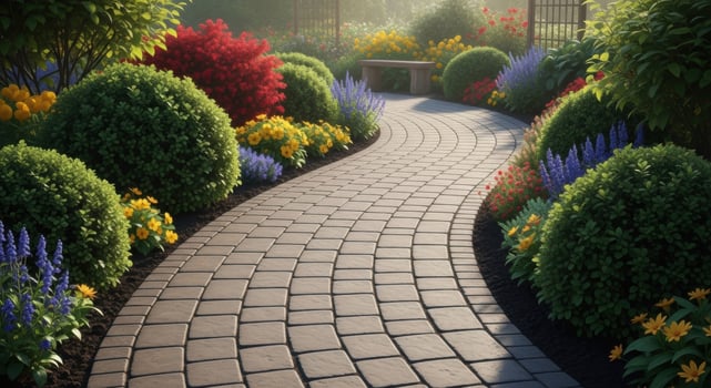 Winding garden path through a vibrant landscape with colorful flowers and lush green bushes. photo