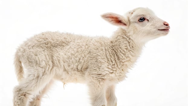 A lamb is standing in front of a white background photo