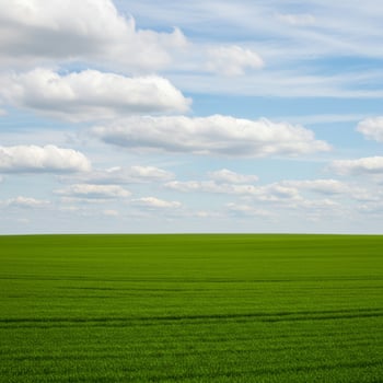 Vast Green Field Under a Blue Sky with Fluffy White Clouds photo