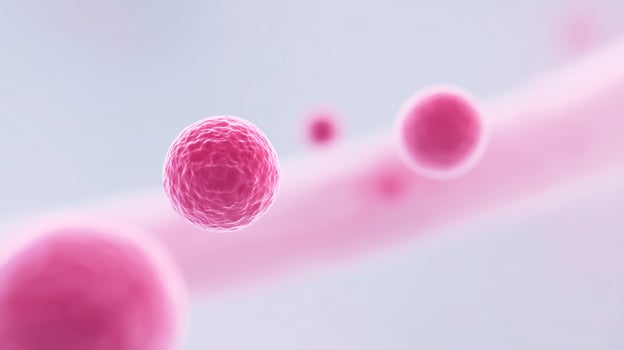 Abstract illustration of pink cells floating in a soft gradient background, showcasing cellular structures and biological processes in a visually engaging manner photo