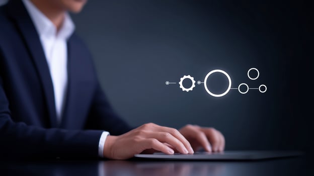 Business professional in dark suit interacts with digital interface, showcasing gears and circles, symbolizing technology and innovation in a modern workspace environment photo