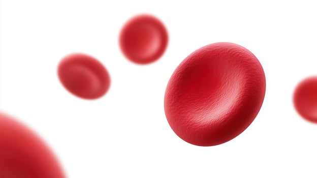 Red blood cells floating in a clean, white background, showcasing their unique disc shape and texture, representing human biology and health concepts in a scientific context photo