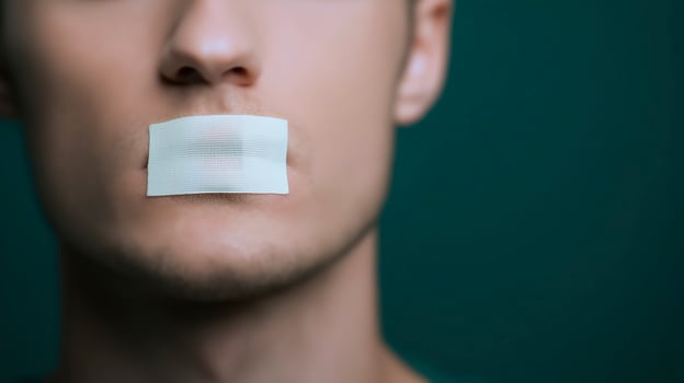 A man with a piece of tape on his mouth photo