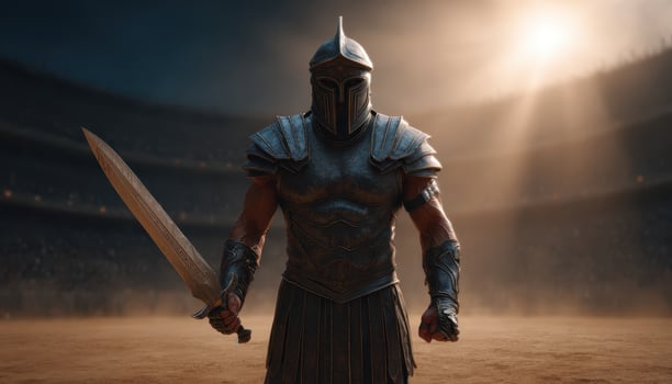 Gladiator raises sword in arena illuminated by sunbeams epic battle scene ancient rome photo