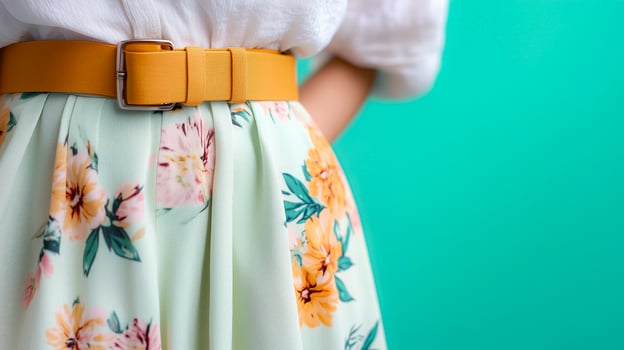 Lightweight floral belt skirt placed over a pastel mint photo