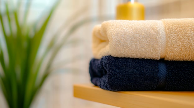 Three towels stacked on top of each other in the bathroom photo