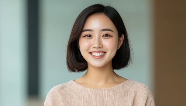 Smiling asian girl in loose cotton outfit urban setting portrait photography fresh look photo