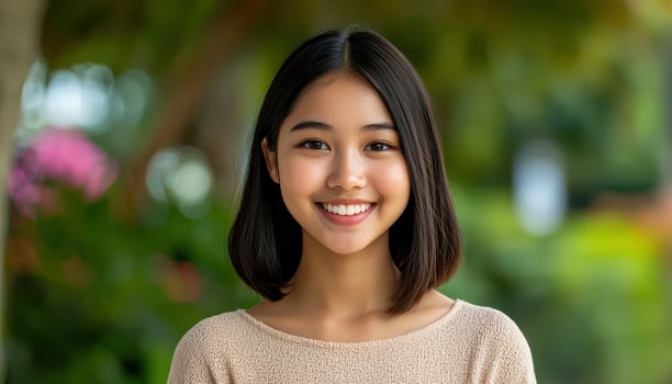 Smiling asian girl in loose cotton top outdoors portrait photography nature close-up photo