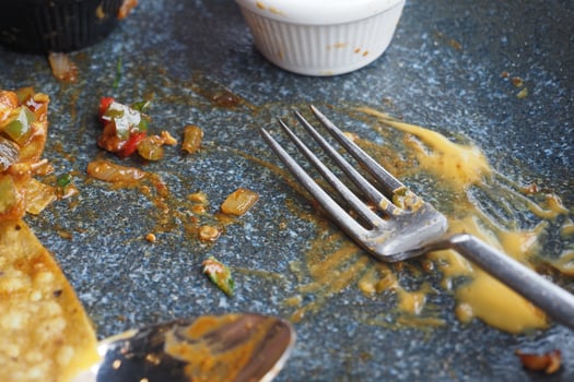 Leftover food on a plate after a meal at a restaurant photo