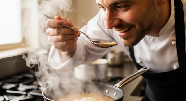 Chef cooking food in kitchen photo
