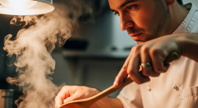 A chef is cooking in a kitchen with a wooden spoon photo