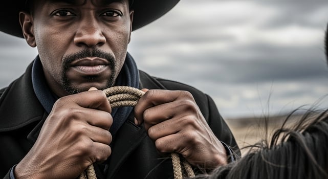 A man in a cowboy hat holding a rope photo