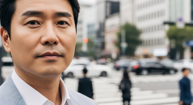 An asian man in a suit and tie standing in front of a busy city street photo