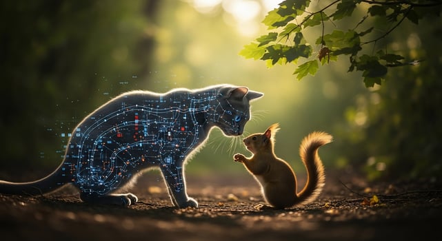 A cat and a squirrel are standing in the woods photo