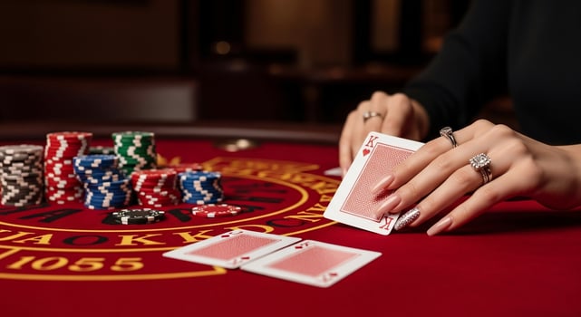 A woman is holding a card in her hand while playing a casino game photo