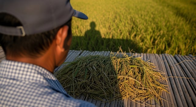 A man is standing in front of a pile of grass photo