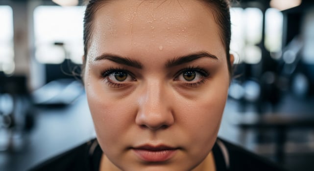 A woman with a sad face in a gym photo