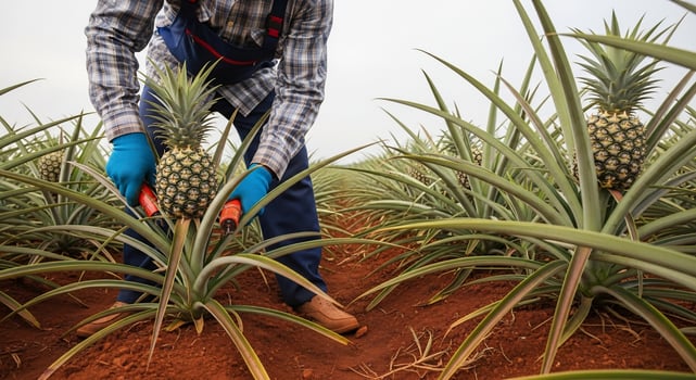 A man in a blue shirt and blue gloves is picking pineapples photo