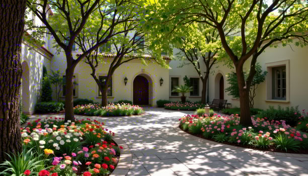 a silent courtyard is shaded by tall trees, with flowering ground cover creating a vibrant mosaic on the stone floor. photo