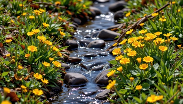 a narrow stream is lined with blooming marsh marigolds, their glossy yellow petals shining above water slicked rocks. photo