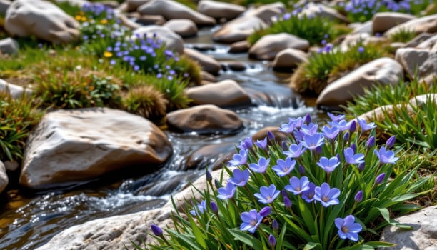 a cool mountain stream winds past blooming gentian flowers, their deep blue petals bright against the grey rocks. photo