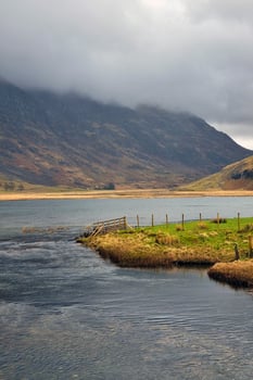Serene Mountain Lake in Overcast Landscape Perfect for Nature Posters and Travel Brochures photo