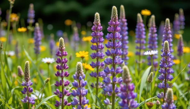 clusters of purple lupines rise proudly in wildflower meadows, their tall spikes standing out against green grasses. photo