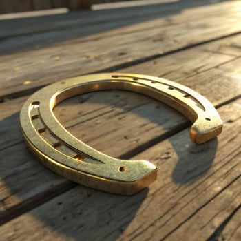 Shiny golden horseshoe positioned on rustic wooden surface with bright natural lighting representing classic lucky charm tradition photo