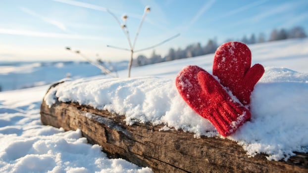 Red knitted mittens with heart pattern placed on snow-covered log creating bright wintery atmosphere and cozy winter scene photo