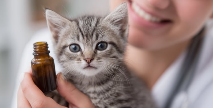 A veterinarian carefully administers flea treatment drops to a small gray kitten inside a veterinary clinic. The kitten looks attentive as the doctor provides care and attention, ensuring its health. photo