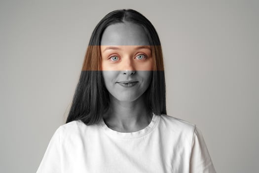 Portrait of a woman with unique eye concept and monochromatic background in a creative art setting photo