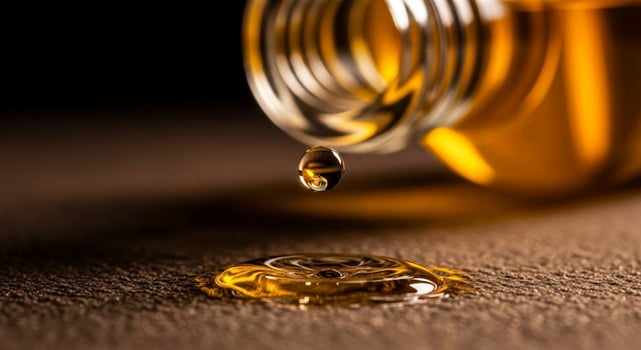 Golden viscous liquid drop falling from a bottle creating ripples on a dark surface photo