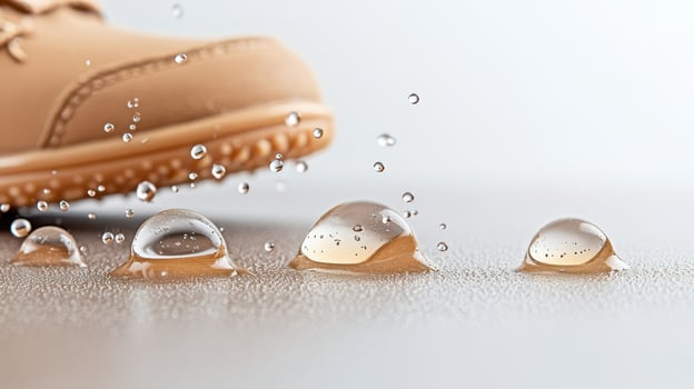 Tan footwear demonstrates liquid repellency forming droplets on surface. Technology advances fashion creating futuristic appearance. Waterproofing ability protects textile footwear. photo