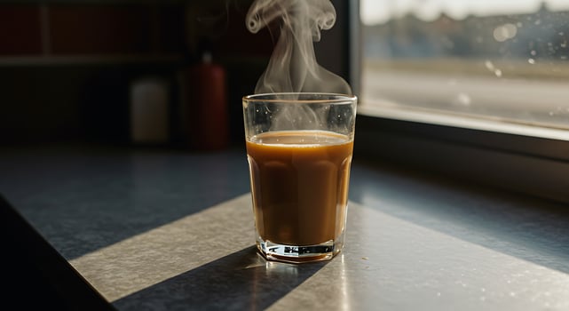 Steaming Coffee in Glass by Sunny Window Sill Morning Drink photo