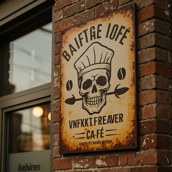 Vintage Cafe Sign with Skull Chef on Brick Wall Exterior photo