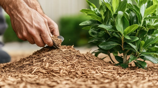 Hands place mulch around a green plant. Leaves surround a small tree. Garden soil maintenance spreads wood chips. Yard care keeps plants healthy. photo