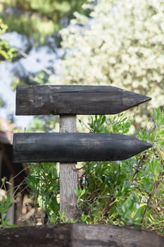 Wooden black directional signpost in a garden showing two arrows toward different paths photo
