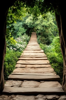 Wooden Steps Ascend Through Lush Green Garden Tunnel Leading to Forest Glade With Flowers And Trees photo