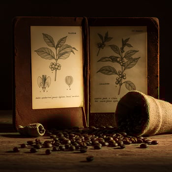 Coffee Beans Still Life with Botanical Art and Burlap Sack photo