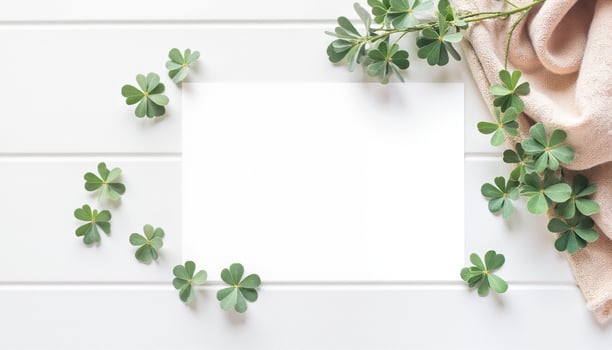 Blank paper with shamrock leaves on white background photo